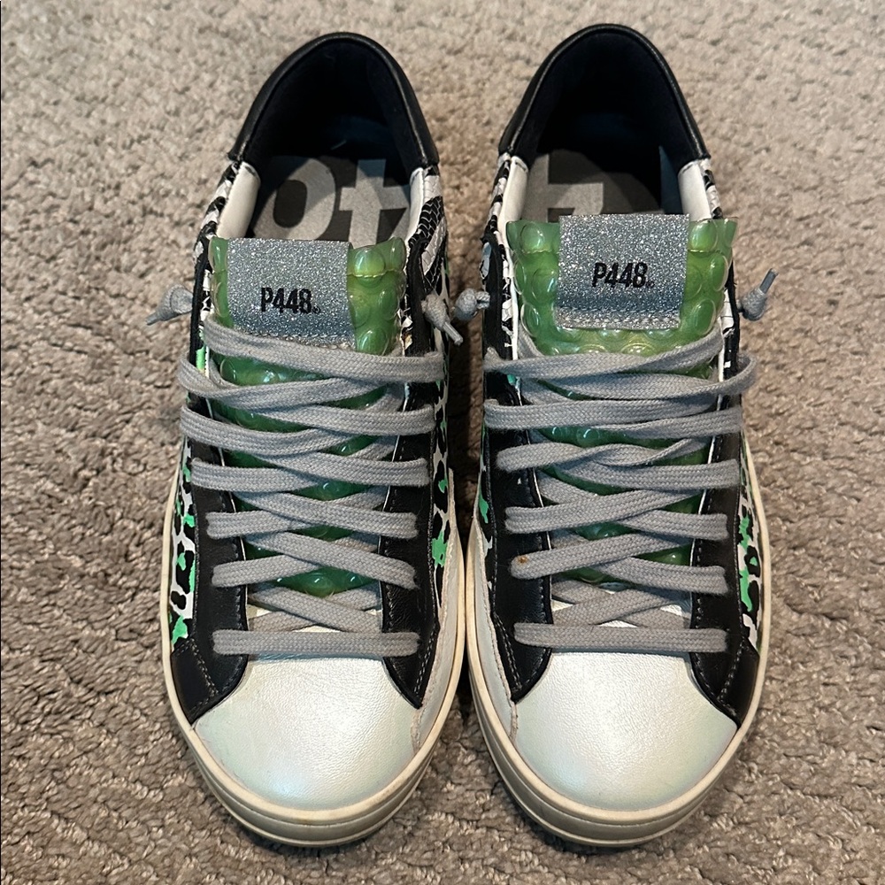 P448 Jack Metallic Snake Print Leather Sneakers Women Size 39 Silver & Green